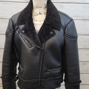 Womens Faux Sherling Faux Leather Black Jacket by Express